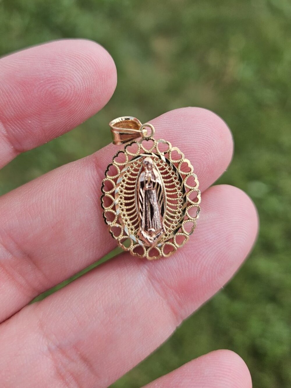 14K 2 Tone Rose Yellow Gold Our Lady of Guadalupe Filigree Pendant Charm